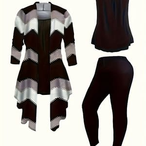 Casual 3 Piece Set, Crew Neck Sleeveless Slim Cami Top, Simple Skinny Leggings & Chevron Pattern Open Front Cardigan, Women’s Clothing Clothing Shop Online at Dubai Trades