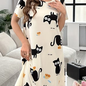 Casual Cartoon Cat & Letter Print Nightdress, Short Sleeve Round Neck Sleep Dress, Women’s Sleepwear & Dresses Clothing Shop Online at Dubai Trades