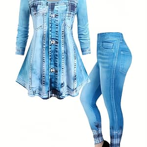 Casual Denim Print Two-piece, Short Sleeve Crew Neck T-shirt & Leggings Outfits, Women’s Clothing Clothing Shop Online at Dubai Trades
