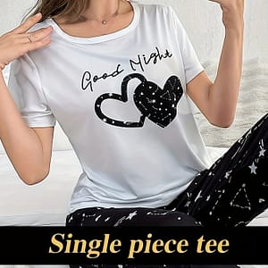 Casual Heart & Slogan Print Night Top, Short Sleeve Round Neck Stretchy Top, Women’s Sleepwear Clothing Shop Online at Dubai Trades