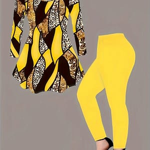 Casual Matching Two-piece Set, Leopard Crew Neck Long Sleeve T-shirt & Skinny Solid Color Pants Outfits For Fall, Women’s Clothing Clothing Shop Online at Dubai Trades