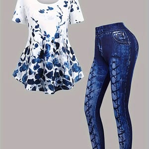 Casual Plant Print Two-piece Set, Short Sleeve Flare T-shirt & Allover Print Skinny Leggings Outfits, Women’s Clothing Clothing Shop Online at Dubai Trades