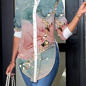 Plant Print Button Front Shirt, Elegant Long Sleeve Breast Pocket Shirt For Spring & Fall, Women’s Clothing Blouses Shop Online at Dubai Trades 4