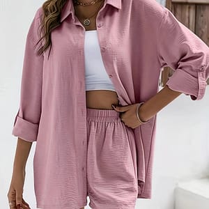 Casual Solid Color Shorts Set, Button Front Long Sleeve Blouse & Loose Shorts For Spring & Fall, Women’s Clothing Clothing Shop Online at Dubai Trades