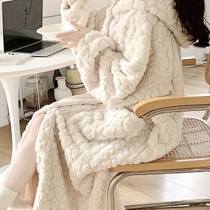 Casual Solid Fleece Jacquard Lounge Robe, Thickened Long Sleeve Button Up Hooded Loose Fit Robe With Pockets, Women’s Loungewear Clothing Shop Online at Dubai Trades
