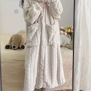 Casual Solid Jacquard Fleece Thickened Night Robe For Fall & Winter, Long Sleeve Hooded Buttons Robe With Pockets, Women’s Sleepwear & Dresses Clothing Shop Online at Dubai Trades