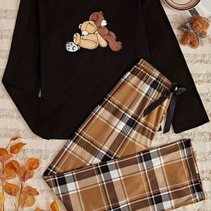 Casual Teddy Bear Print Pajama Set, Long Sleeve Round Neck Top & Plaid Pants, Women’s Sleepwear & Loungewear Clothing Shop Online at Dubai Trades 2
