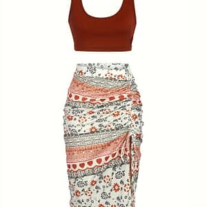 Casual Two-piece Set, Solid Sleeveless Backless Crop Top & Floral Print Drawstring Split Dress Outfits, Women’s Clothing Clothing Shop Online at Dubai Trades