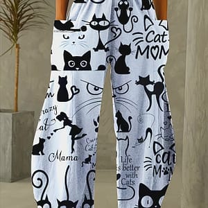 Cat Print Patched Pocket Pants, Casual Waist Wide Leg Pants For Spring & Fall, Women’s Clothing Clothing Shop Online at Dubai Trades