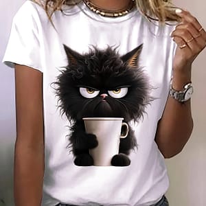 Cat Print T-shirt, Casual Short Sleeve Crew Neck Top For , Women’s Clothing Clothing Shop Online at Dubai Trades