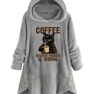 Cat & Slogan Print Teddy Hoodie, Casual Long Sleeve Button Hoodie Sweatshirt, Women’s Clothing Clothing Shop Online at Dubai Trades