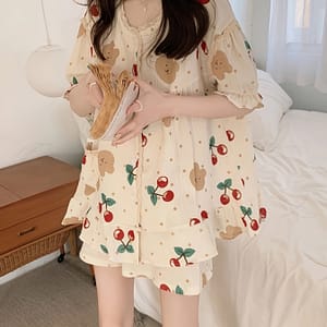 Cherry & Bear & Dot Print Lace Trim Textured Pajama Set, Sleeve Buttons Round Neck Top & Elastic Shorts, Women’s Sleepwear Clothing Shop Online at Dubai Trades