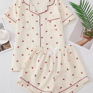 Cherry Print Pajama Set, Lapel Buttons Top And Bow Shorts, Women’s Sleepwear & Loungewear Clothing Shop Online at Dubai Trades