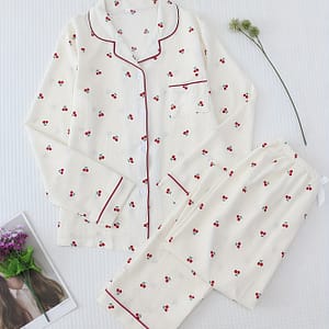 Cherry Print Pajama Set, Long Sleeve Buttons Top & Waistband Pants, Women’s Sleepwear & Loungewear Clothing Shop Online at Dubai Trades