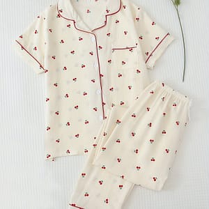 Cherry Print Pajama Set, Short Sleeve Button & Waistband Pants, Women’s Sleepwear & Loungewear Clothing Shop Online at Dubai Trades