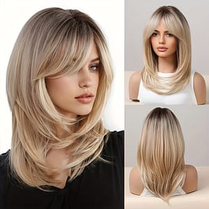 Chic 18-inch Blonde Layered Wig With Bangs And Dark – Women’s Versatile Synthetic Curly Wave Hair, Cap, High-temperature Fiber, Versatile Wig|layered Bob Cut|synthetic Hair Beauty & Personal Care Shop Online at Dubai Trades