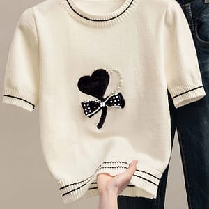 Chic Color Block Knit Sweater For Women – Casual Short Sleeve, Crew Neck Pullover, Breathable Viscose Blend, Clothing Shop Online at Dubai Trades