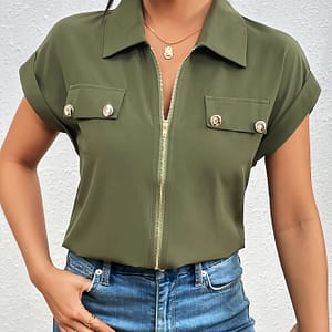 Chic , Elegant Solid -up Blouse With Chic Lapel Collar – Comfortable Short Sleeve Top For Women, Casual Wear, Dates, Parties & Business Occasions Blouses Shop Online at Dubai Trades