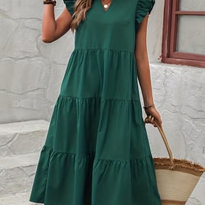 Chic European & Black Midi Dress With Ruffle Hem – Casual V-neck, Solid Color, Loose Fit, Polyester, Machine Washable – Clothing Shop Online at Dubai Trades