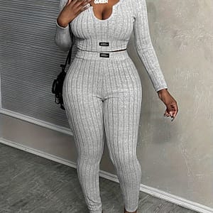 Chic Fall 2024 Streetwear Set For Women: Slim-fit Long Sleeve V-neck Top & High-waist Pants – Casual, Machine Washable, Polyester Knit Outfit In Black Clothing Shop Online at Dubai Trades