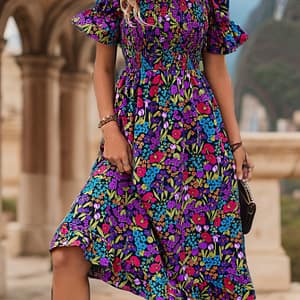 Chic Floral Print Off-shoulder Dress With Lantern Sleeves – Stretchy Polyester , Machine Washable – Spring/summer Clothing Shop Online at Dubai Trades