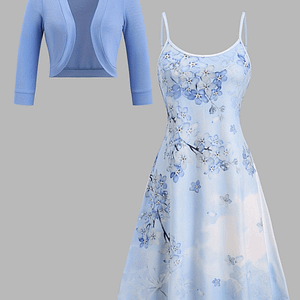 Chic Floral Print Two-piece Set: Casual Knit Cardigan & Spaghetti Suspender Dress – Stretchy Polyester , Machine Washable – Fall/winter Clothing Shop Online at Dubai Trades
