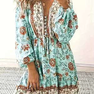 Chic Floral Print V-neck Dress With Lantern Sleeves And Ruffle Hem – , Machine Washable Clothing Shop Online at Dubai Trades
