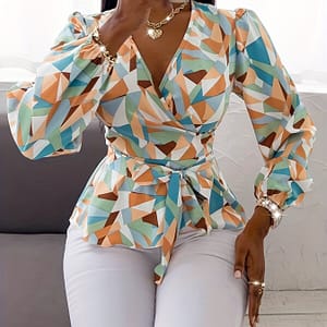 Chic Geometric Print Blouse With Tie Waist – Deep V-neck, Long Sleeve, Polyester, Machine Washable – Ideal For Spring/summer/fall Fashion Blouses Shop Online at Dubai Trades