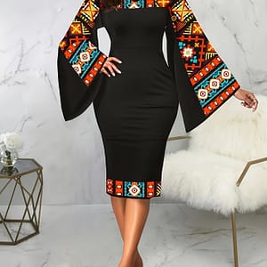 Chic Geometric Print Bodycon Dress Sleeves – Crew Neck, Stretch Fabric, Spring/fall – Women’ Clothing Shop Online at Dubai Trades