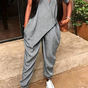 Chic Harem Style Loose-fit Jumpsuit For Women – Casual Short Sleeve, Asymmetrical Hem, , Polyester & Spandex , Machine Washable, Ideal For Spring/summer/fall Clothing Shop Online at Dubai Trades