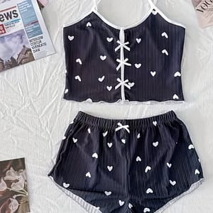 Chic Heart Print Women’s Pajama Set With Bow Detail – Sexy Backless V-neck Cami Top & Shorts, Breathable Polyester , Machine Washable Clothing Shop Online at Dubai Trades