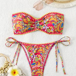 Chic High-waist Bandeau Bikini Set With Tie-side Bottoms – Stretchy, Machine Washable Polyester , Random Bikinis Shop Online at Dubai Trades
