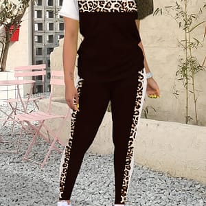 Chic Leopard Block Women’s Casual Outfit – Stretchy Polyester Blend, Machine Washable, Short Sleeve Tee & Pants Set For Spring/summer Clothing Shop Online at Dubai Trades