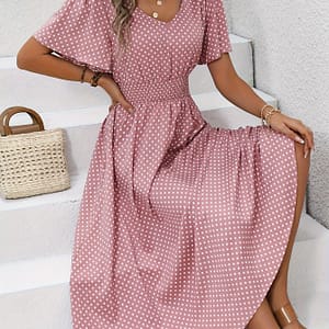 Chic Pink Polka Dot Midi Dress For Women – Casual V-neck, Ruffle Sleeves, Cinched Waist Design, Lightweight Polyester, Spring/summer, Machine Washable Clothing Shop Online at Dubai Trades