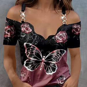 Chic Print Cold-shoulder Top – V-neck, Stretchy Polyester , Machine Washable – Summer Clothing Shop Online at Dubai Trades