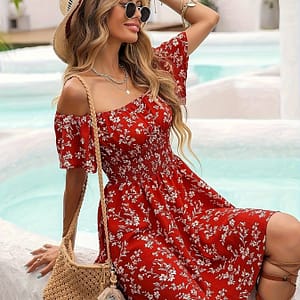 Chic Red Floral Off-shoulder Midi Dress For Women – Lightweight Polyester, Vacation, Machine Washable, Summer Outfit|chic |delicate Straps, Cute Dresses Clothing Shop Online at Dubai Trades