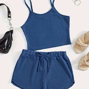 Chic Solid Color Black Two-piece Set: Ribbed Crop Cami Top & Drawstring Shorts – Polyester , Machine Washable, Clothing Shop Online at Dubai Trades