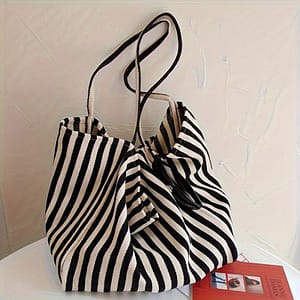 Chic Striped Canvas Tote- Spacious & Versatile- Ideal For Work, School Or Baby Products Shop Online at Dubai Trades