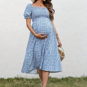 Chic Summer Maternity Dress With Square Neckline & Puff Sleeves – Cute Floral Print, Machine Washable, Non-stretch Fabric, Maternity Clothes Clothing, Shoes & Jewelry Shop Online at Dubai Trades