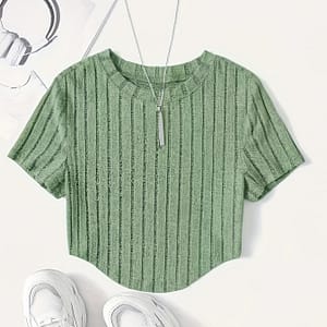 Chic Summer Striped Crop Top – Casual Round Neck, Short Sleeve T-shirt For Women, Breathable Polyester Blend, Machine Washable Clothing Shop Online at Dubai Trades
