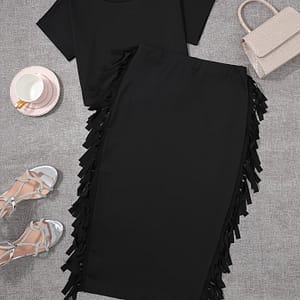Chic Tassel-trim Crop Top & High-waist Skirt Set – Stretchy Polyester , Machine Washable – Clothing Shop Online at Dubai Trades
