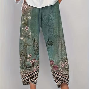 Chic Vintage Floral Capri Pants – Comfortable Elastic Waist With Pockets, Polyester And Elastane Blend, Knit Fabric, Spring/summer/fall Clothing Shop Online at Dubai Trades