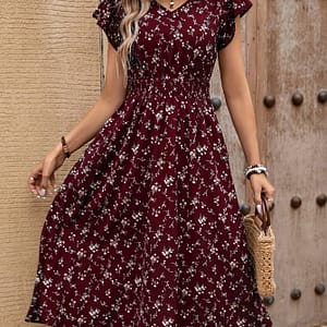 Chic: Women’s Floral Print V-neck Dress With Ruffle Sleeves – Mid-length, Non-stretch Polyester Clothing Shop Online at Dubai Trades