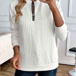 Chic Women’s Half-zip Pullover Sweatshirt – Elegant Solid Color, Long Sleeve With Textured Cable Knit, Polyester Blend, Machine Washable, Spring/fall Clothing Shop Online at Dubai Trades