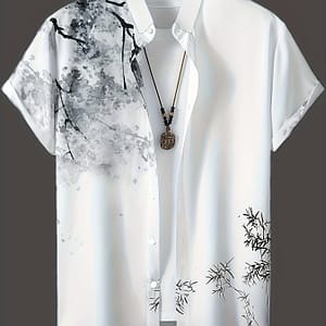 Chinese Painting Pattern Print Men’s Short Sleeve Button Up Stand Collar Shirt For Holiday, Hawaiian Style Button-Down Shirts Shop Online at Dubai Trades