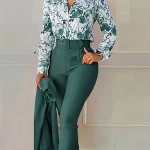 Chungmochun Elegant Floral V-neck Blouse And Drawstring Tapered Pants Set – Comfortable, Durable, Suitable For Clothing Shop Online at Dubai Trades