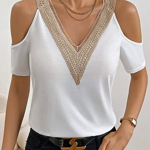 Cold Shoulder V Neck T-shirt, Casual Short Sleeve Lace Trim T-shirt For , Women’s Clothing Clothing Shop Online at Dubai Trades