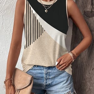 Color Block Crew Neck Tank Top, Sleeveless Casual Top For Summer & Spring, Women’s Clothing Clothing Shop Online at Dubai Trades