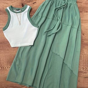 Color Two-piece Skirt Set, Crew Neck Sleeveless Tank Top & Drawstring Waist A-line Skirt Outfits, Women’s Clothing Clothing Shop Online at Dubai Trades 2