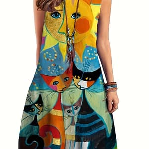Colorful Cat Art V-neck Sleeveless Midi Dress For Women – Vibrant, Whimsical Print With Flared Hem, Spring/summer Clothing Shop Online at Dubai Trades